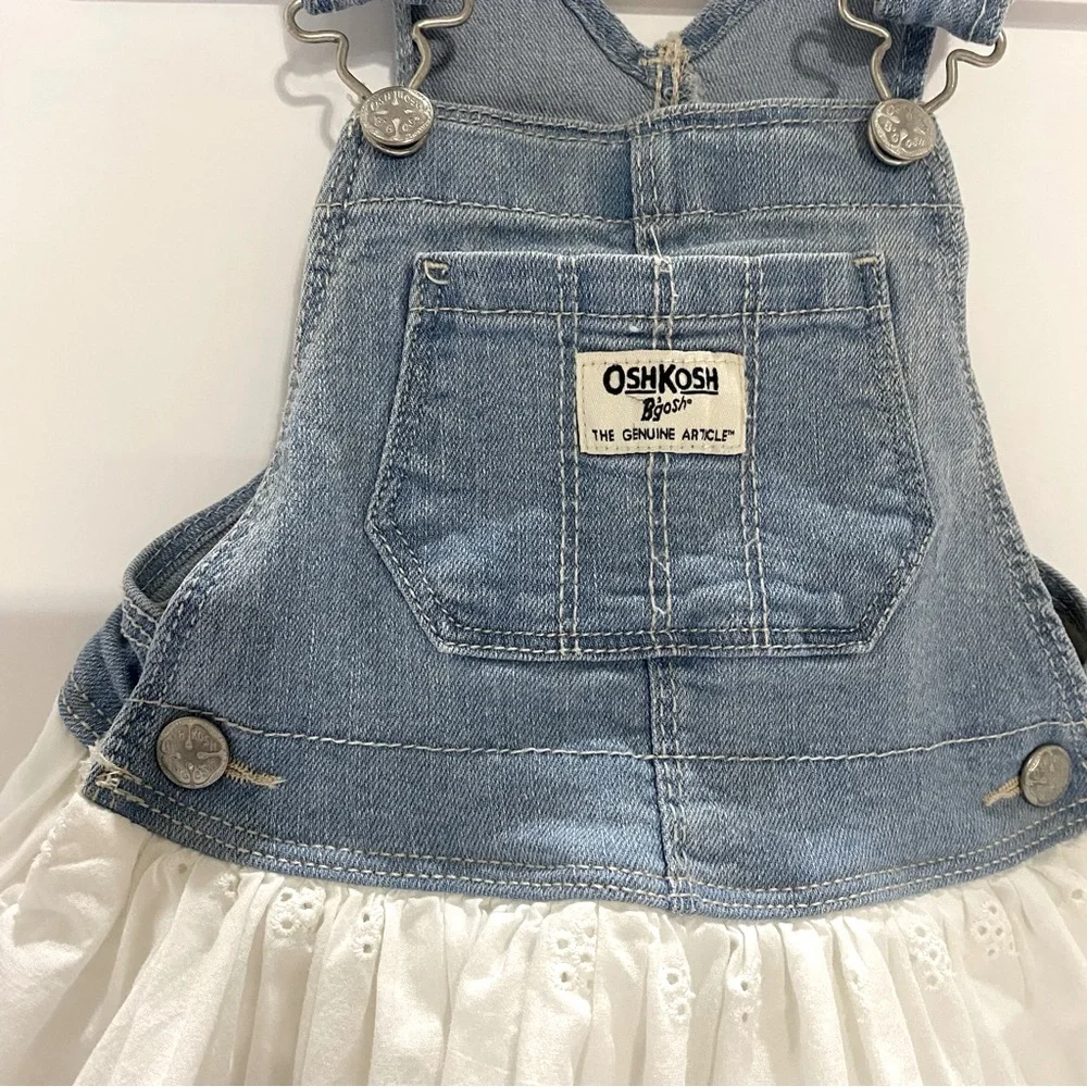 Oshkosh B'gosh Baby Girl 18M Denim Overall Jumper Dress White Eyelet Lace Skirt